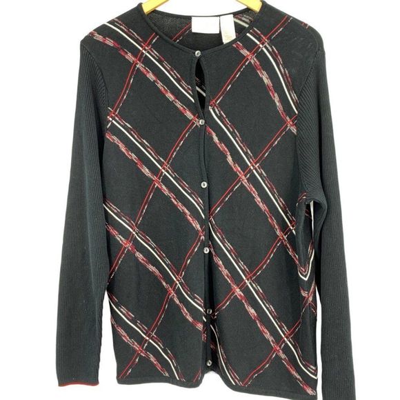 Liz Claiborne Size XL Black cardigan Sweater Button Up Cotton Blend 1943 Argyle - Picture 1 of 8